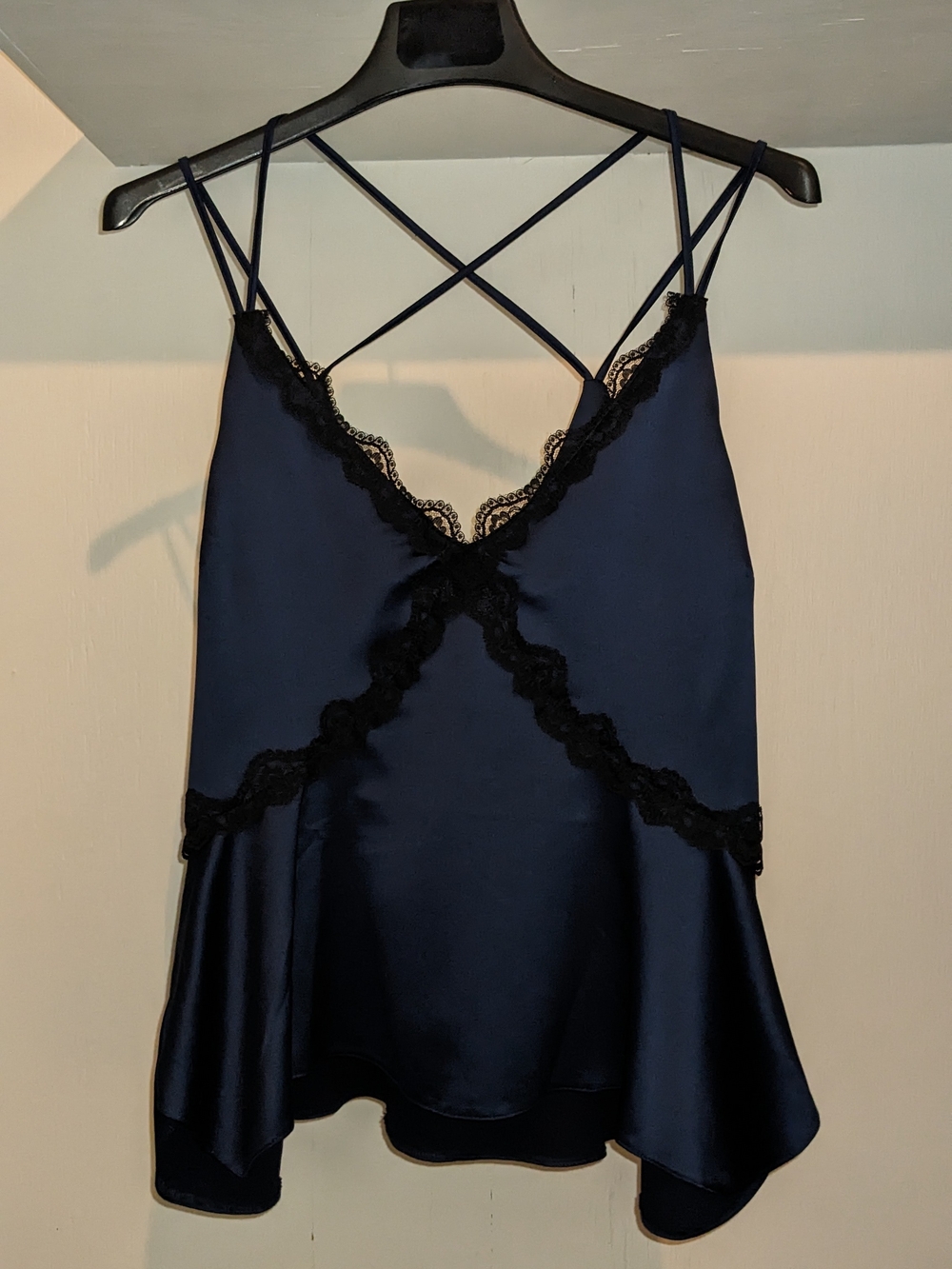 ASOS Navy Satin Cami with Black Lace Trim